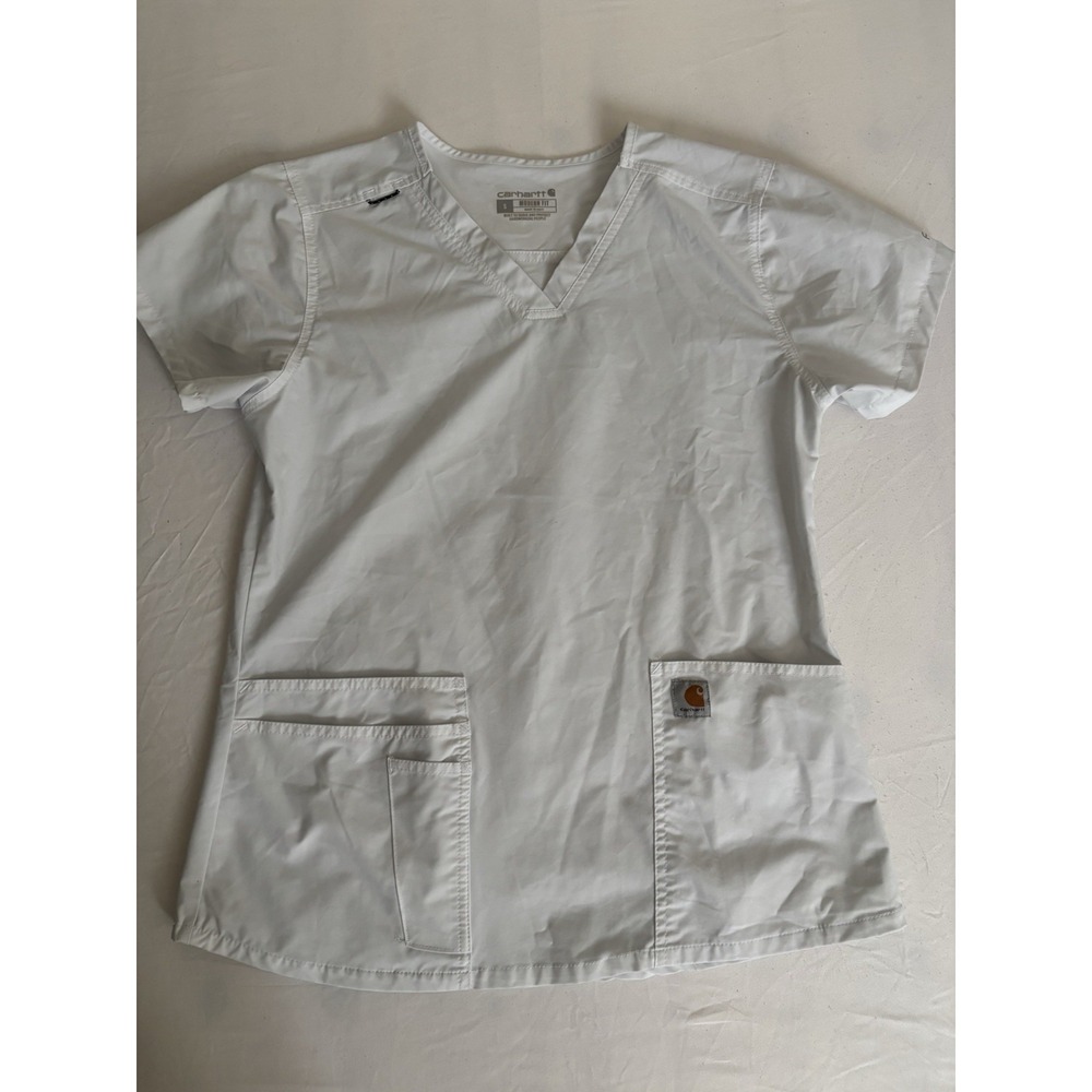 Women's Carhartt Force Modern Fit Scrub Top White Small V Neck Pockets Nurse - Picture 12 of 14
